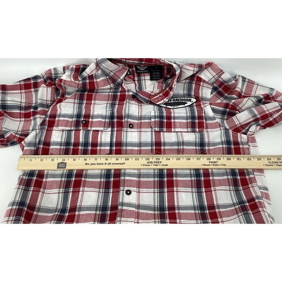Harley-Davidson Men's Short Sleeves Shirt Button Up Red Plaid SZ L HD Patches - Picture 6 of 7